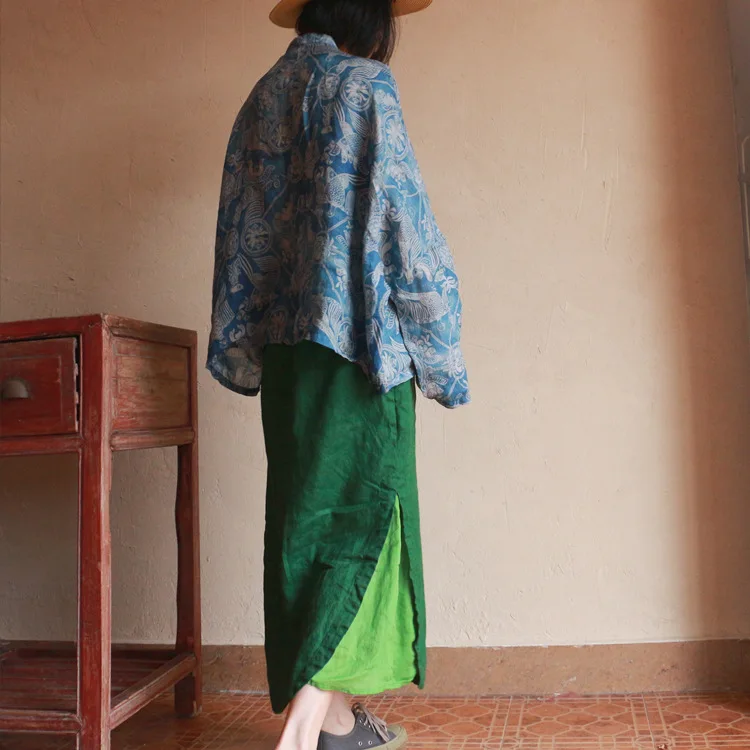 女性リネン中国風のヴィンテージシャツバットスリーブプリント花春ブラウス 2024 新しいボタン高品質ルーズ女性シャツ