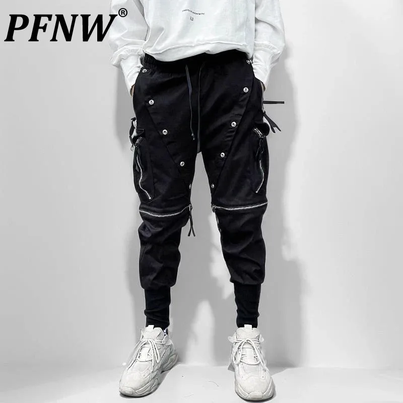 

PFNW Functional Style Men's Casual Pants Multi-pockets Zippers Patchwork Overall Binding Leg Elastic Waist Male Bottom 12C535