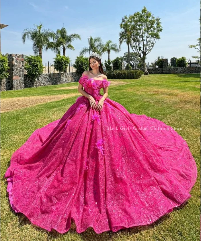 Sparkling Rose Pink Ball Gowns Quinceanera Dresses One Shoulder Embellished Sequin Corset Cathedral Train vestido de xv años