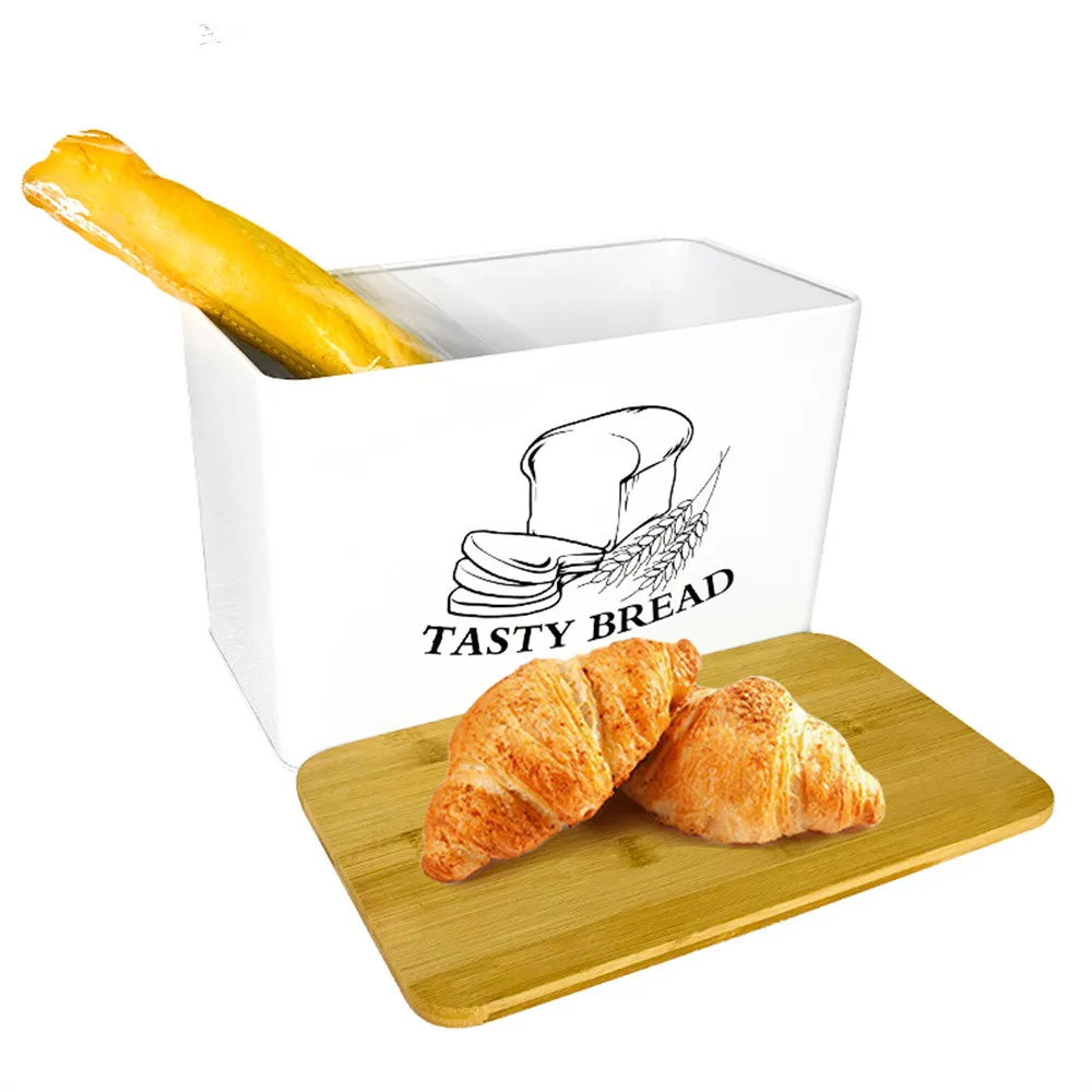 

Bread Box for Kitchen Countertop White Metal Bread Box with Bamboo Board Cover Pastry Storage Container Set Kitchen decoration