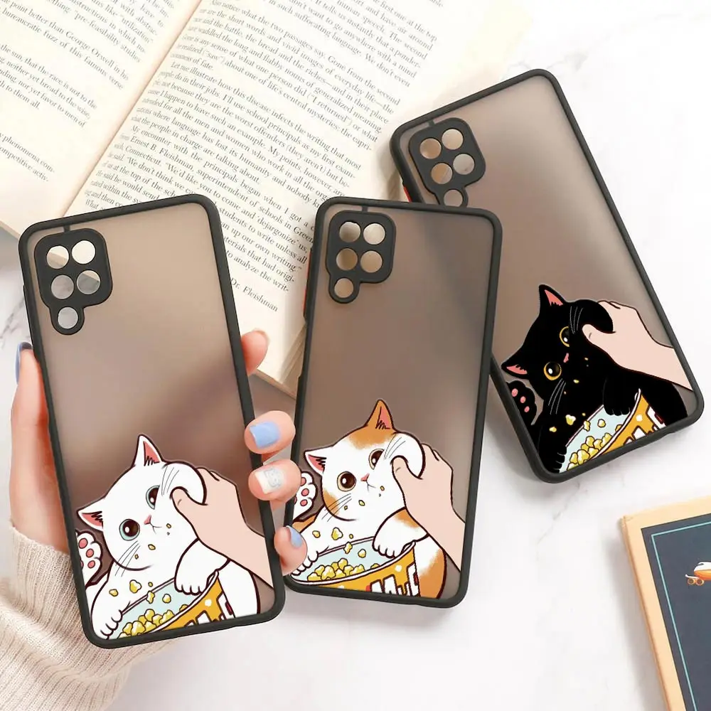 White Pinch Face Cat Snacks Matte Silicone Case For Samsung A02 A03 A04 S A50 A70 A30 A40 A20s A10 A7 M30S M21 M32 Note 20 Cover