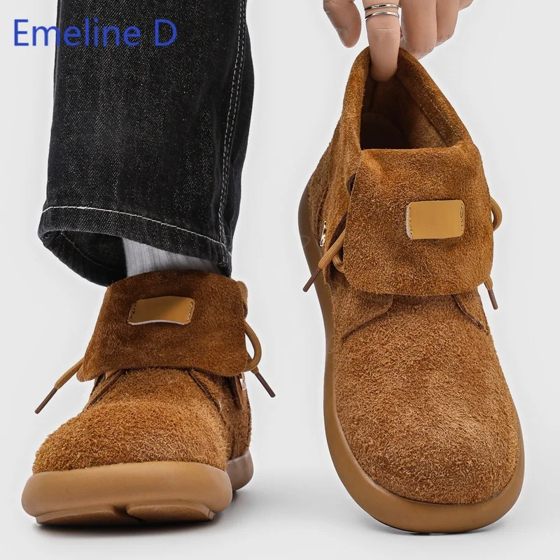 Men Retro Suede Short Boots Round Toe Foldable Flap Decor Drawstring Adjustment Thick Cushioned Casual Daily Comfort Shoes
