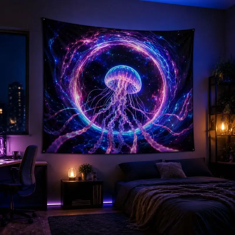 VIKAMA Neon Jellyfish Ocean Tapestry, Blacklight Wall Hanging, Psychedelic Blanket for Bedroom Dorm Party Decor