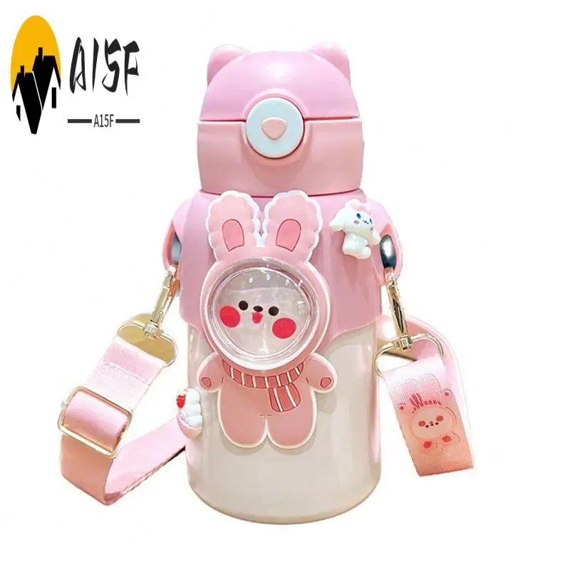 

A15F-520Ml Kids Thermal Water Bottle With Straw Cute Thermos Bottle For Children 316 Stainless Steel Thermal Mug Tumbler