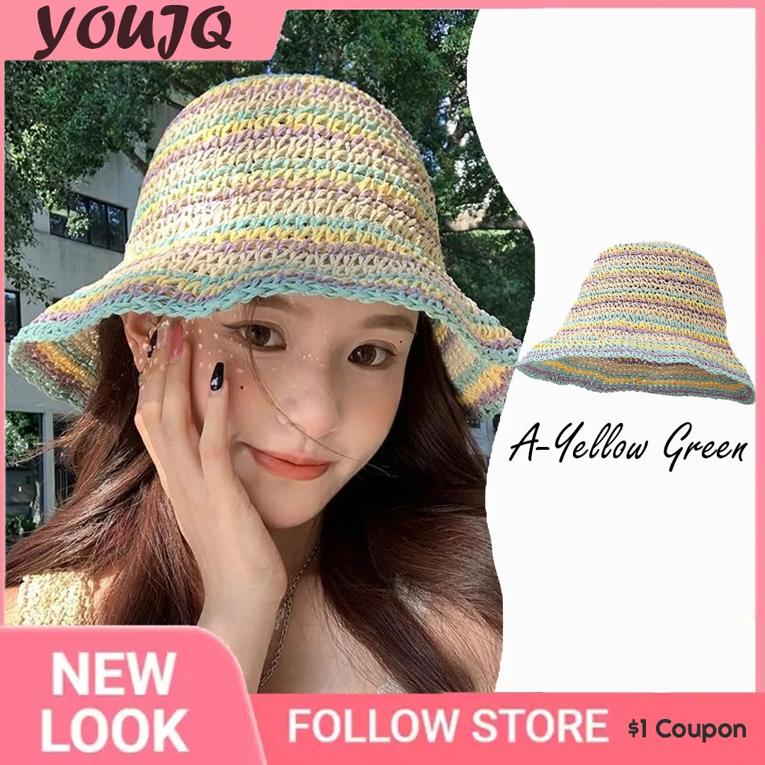 

Macaroons Color Foldable Straw Bucket Hat Summer Outdoor Shade Travel Beach Breathable Sun Hats Striped Big Eaves Women's Caps