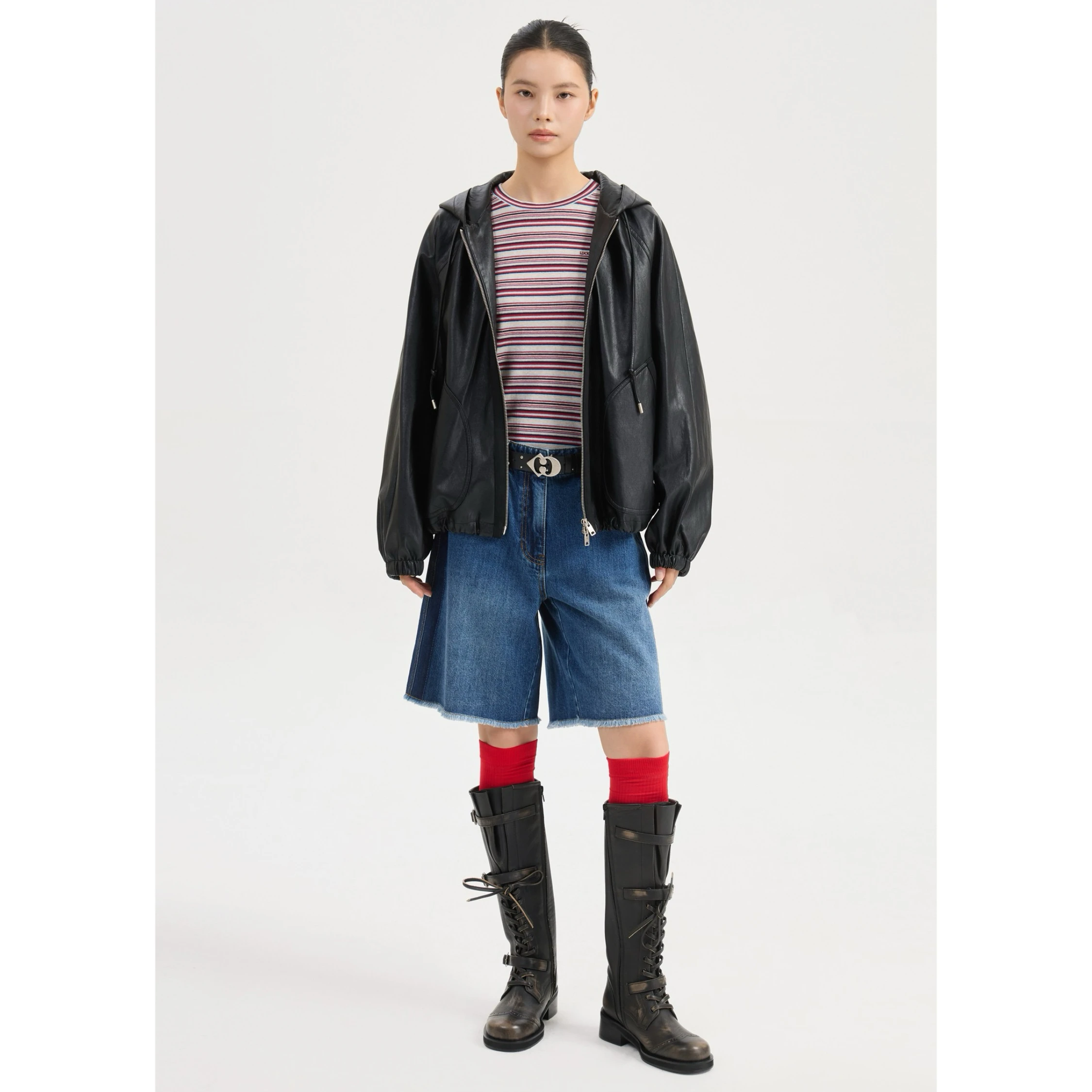 

High Quali Lemon Cheese Faionable Hooded Loose Versatile Leather Jaet Outerwear for Women Commute Sle Long Sve Zipper