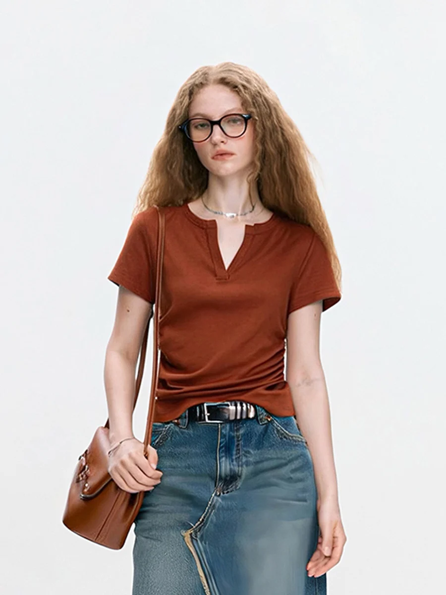 

AHMI Red V-Ne ort Sve T-irt Women's Faion Slim Fit Commute Sle Summer New Folded up Top Cotton Polyester Blend