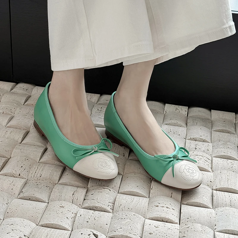 Genuine Leather Cowhide Women Shoes,Round Toe Slip On Mixed Coloer Ballet Flats, Soft Leather Daily Dress Ballerina Shoes