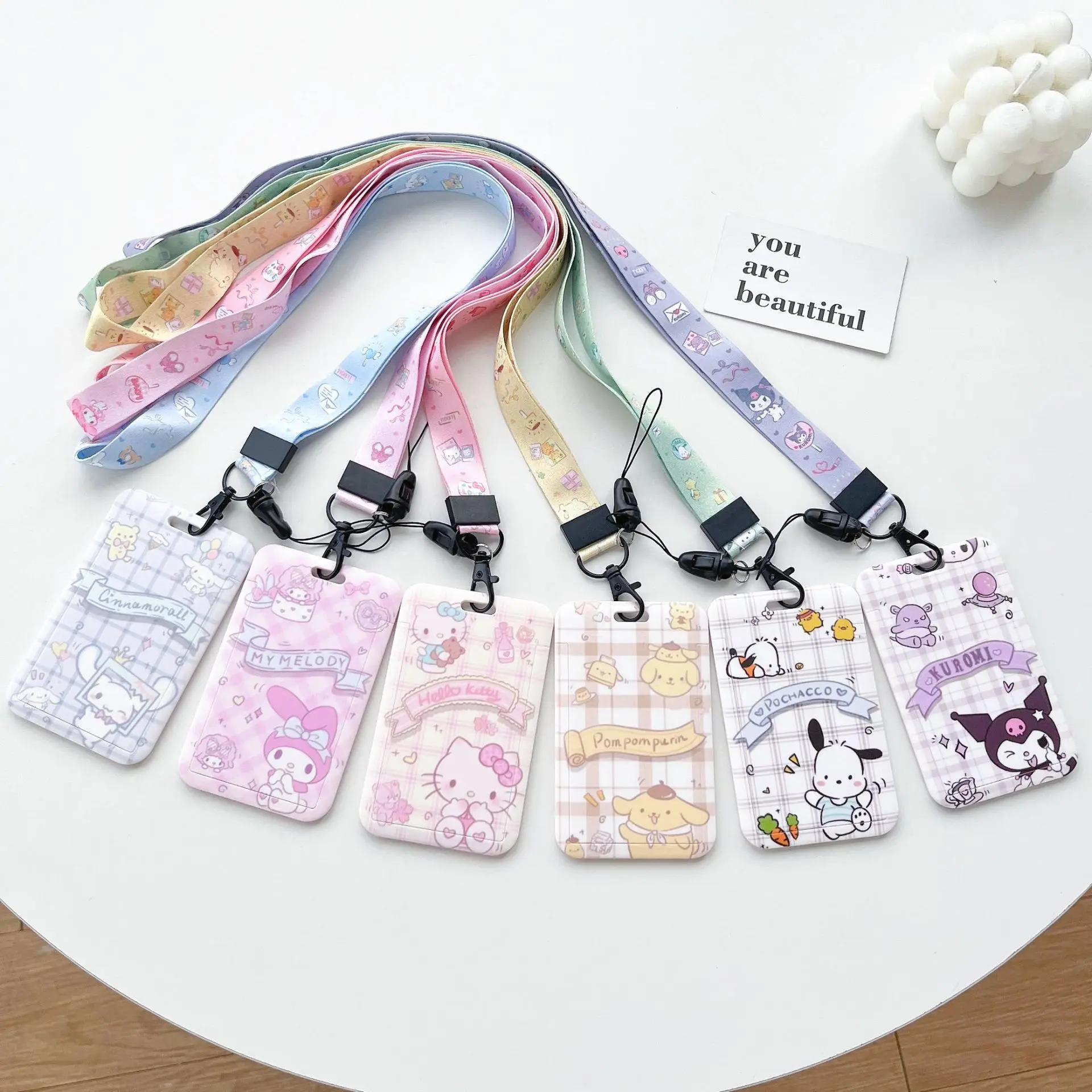 

Держатель для бейджа Cinnamoroll с ремешком на шею, подвеска, держатели для карт Kuromi, шнурки для девочек, шнурок Pompom Purin, держатель для удостоверений