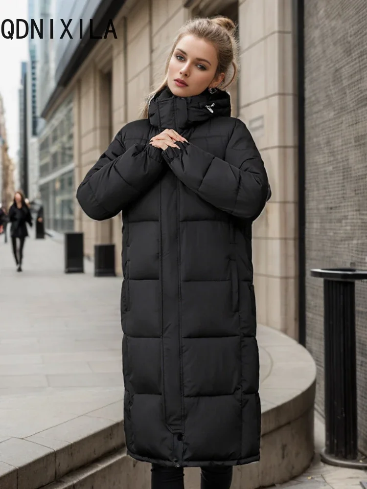 Jaqueta de inverno feminina engrossado longo sobre o joelho casacos elegantes com capuz novo outerwear roupas femininas preto quente parkas