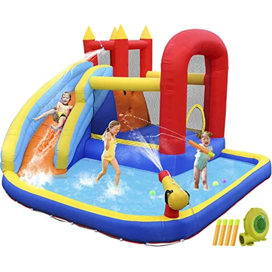

Inflatab Water Slide Bounce HouseSlide Bouncer Cast Playhouse w/Splash Pool Jump Area Climbing Wall Basketball Hoop 450W Air Bl
