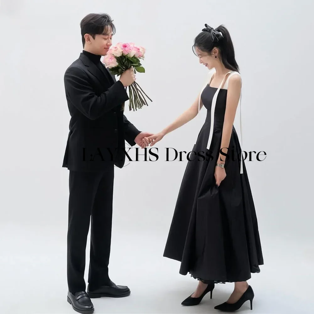 Abiti da sera neri eleganti con colletto quadrato Una linea di cinturino in raso Corea Matrimonio Servizio fotografico Abito da festa Lunghezza caviglia Personalizzato