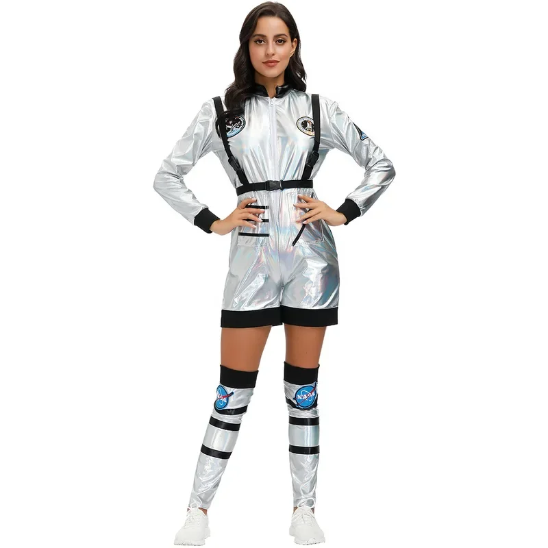 HN8 الكبار رائد الفضاء ازياء الفضة رائد الفضاء تأثيري ازياء للنساء الرجال هالوين الفضاء الدعاوى فستان كرنفال Astrona8...Gf