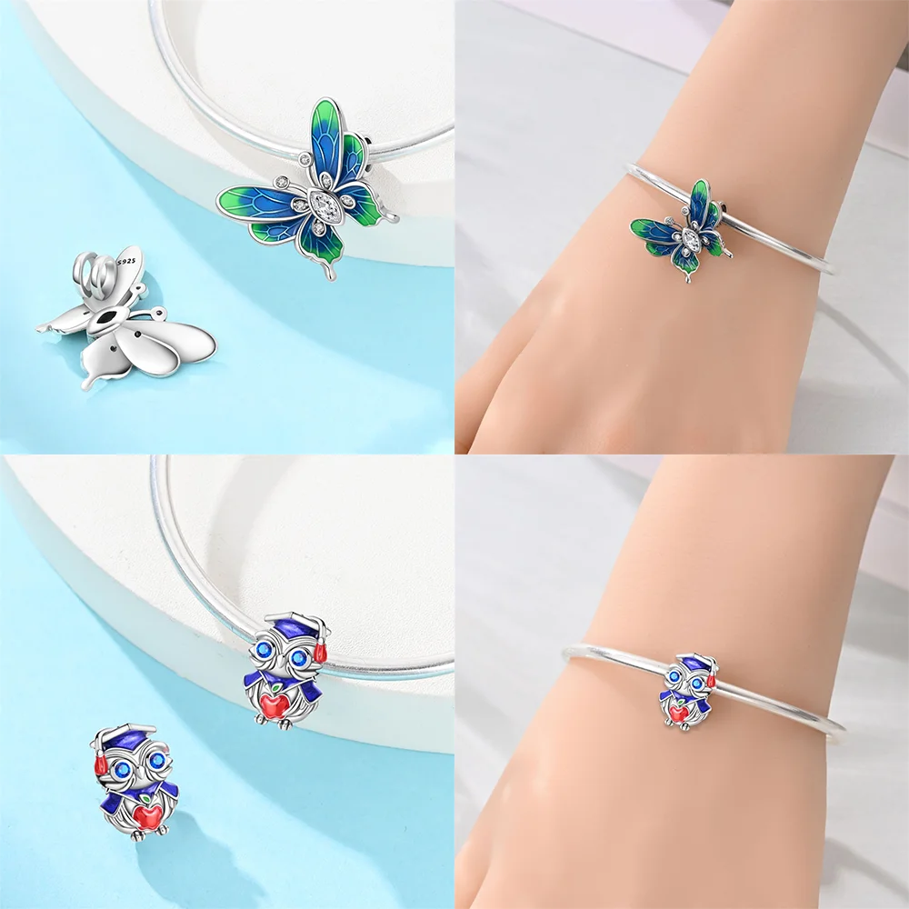 رائعة 925 الفضة الحيوان سحر الوردي الحب الزركون القط البومة الألماني الخرز صالح الأصلي سوار DIY بها بنفسك النساء خاتم هدايا مجوهرات أنيقة #4