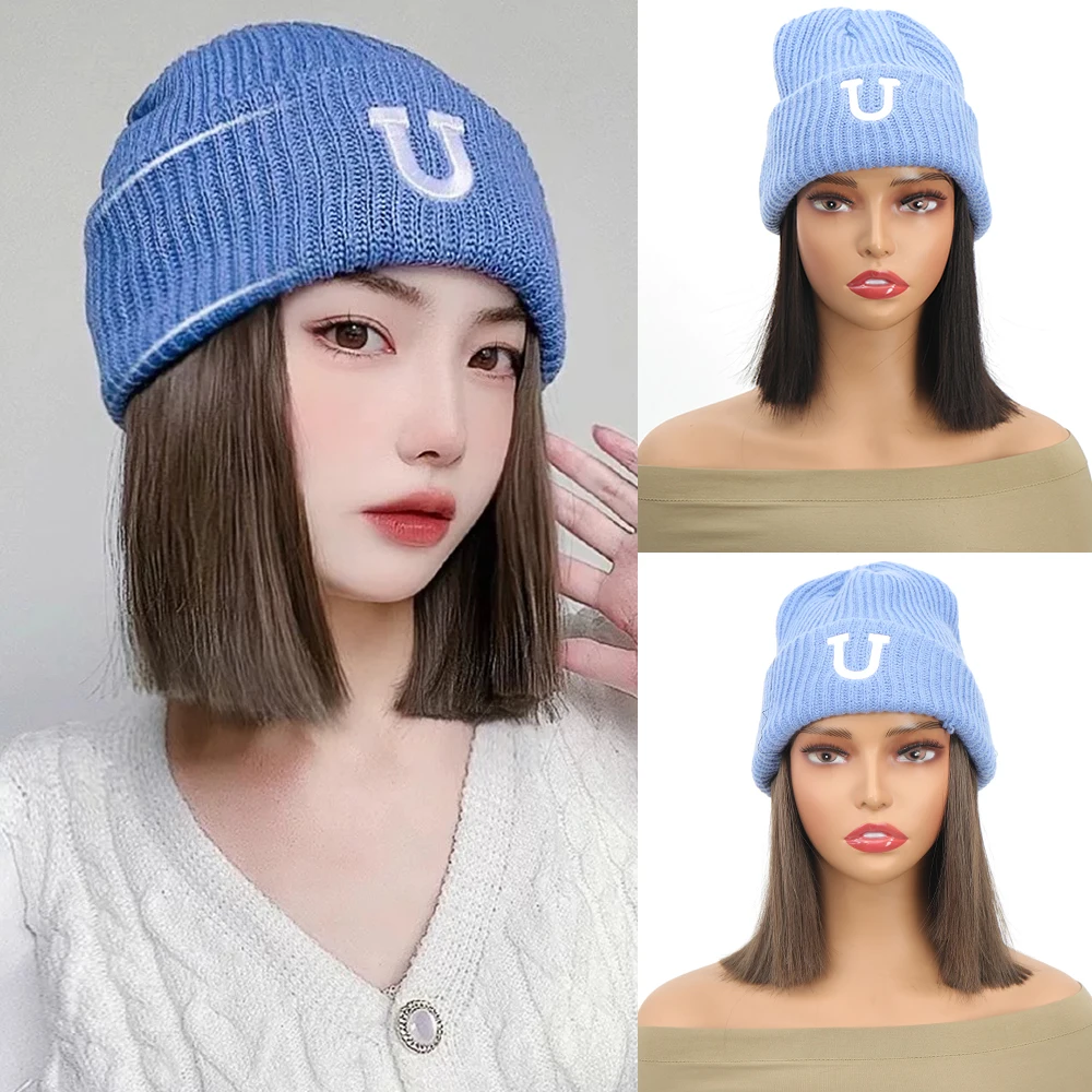 6inch Blue Hat Wig Beanies Hat With Hair Wigs For Women Synthetic Short Straight Hair Warm Ski Plush Knitted Autumn Winter Cap