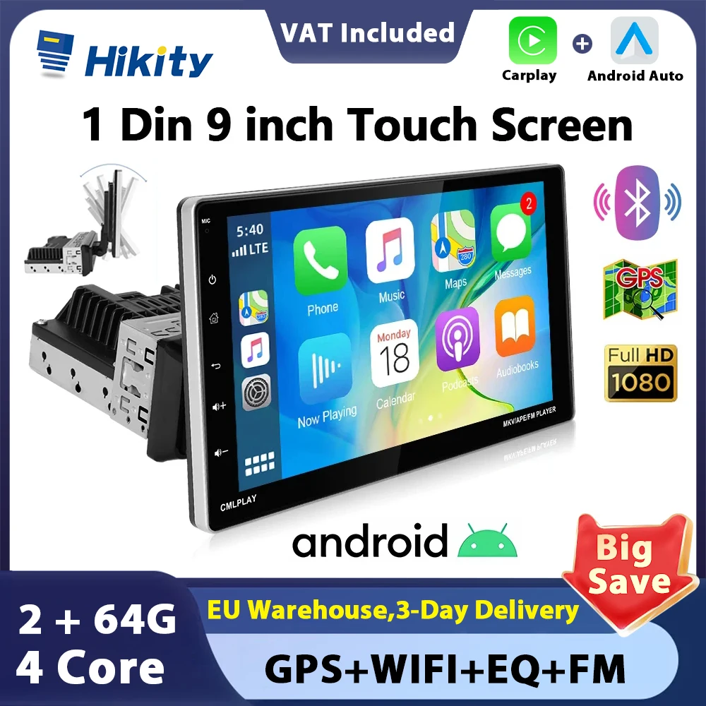 Hikity Universal 9''Car Stereo Radio 1din Android autoradio Carplay Rotatable Screen Bluetooth FM Radio Receiver Support TF/USB