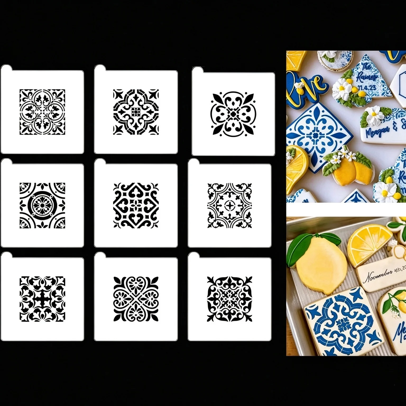 Cake Cookie Stencil 9Pc, Scroll Tile Pattern, Food Grade PET Reusable Template for Baking & DIY Decor