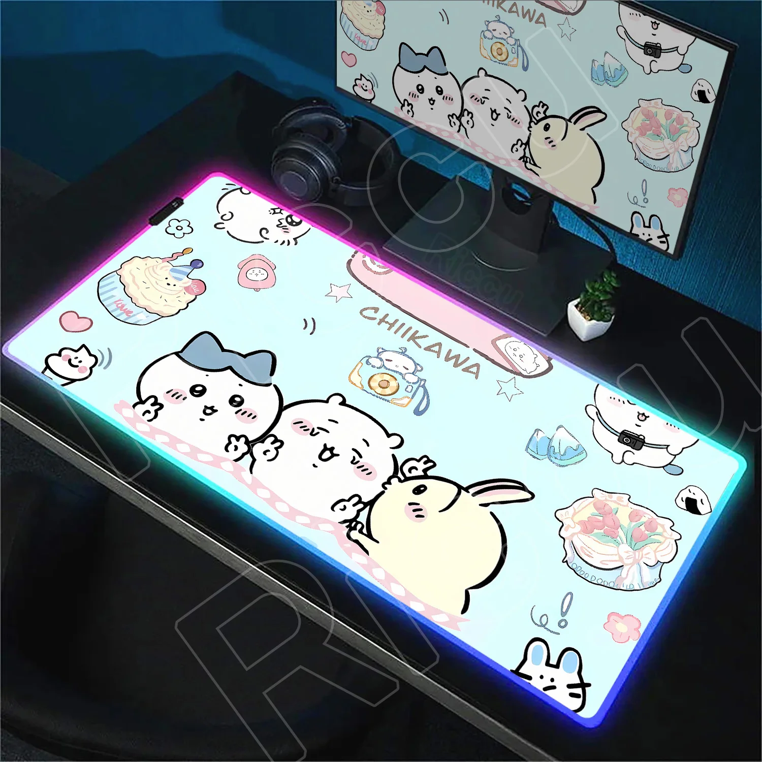 Niedliches Anime-Chiikawa-Gummi-Mauspad, 40 x 90 cm, LED-Licht, leuchtender PC-Teppich mit hintergrundbeleuchteter RGB-Gaming-Tastaturmatte, Mädchen-Schreibtisch