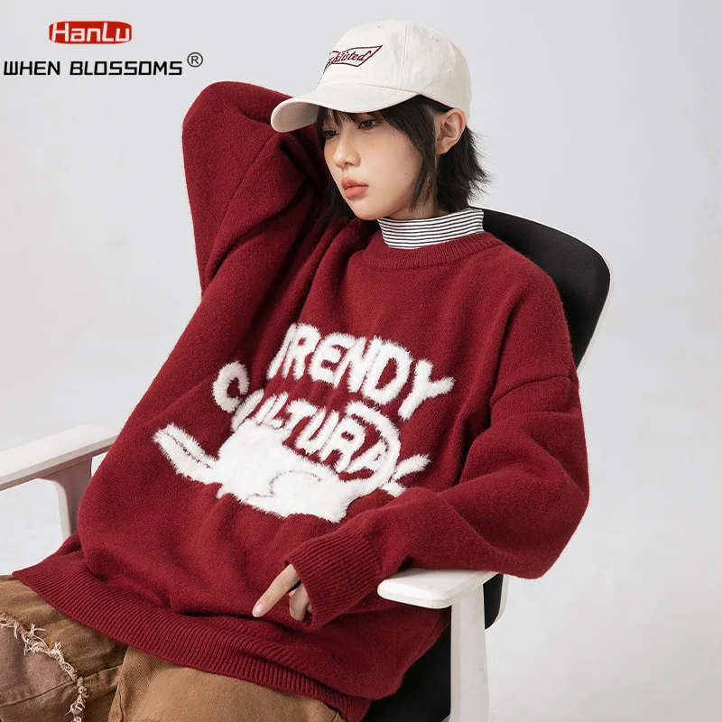 Streetwear Pullover knit Jacquard Sweater for Men and Women Couples Winter New Loose Round Neck Knit Fashion Brand Coat 2023 New