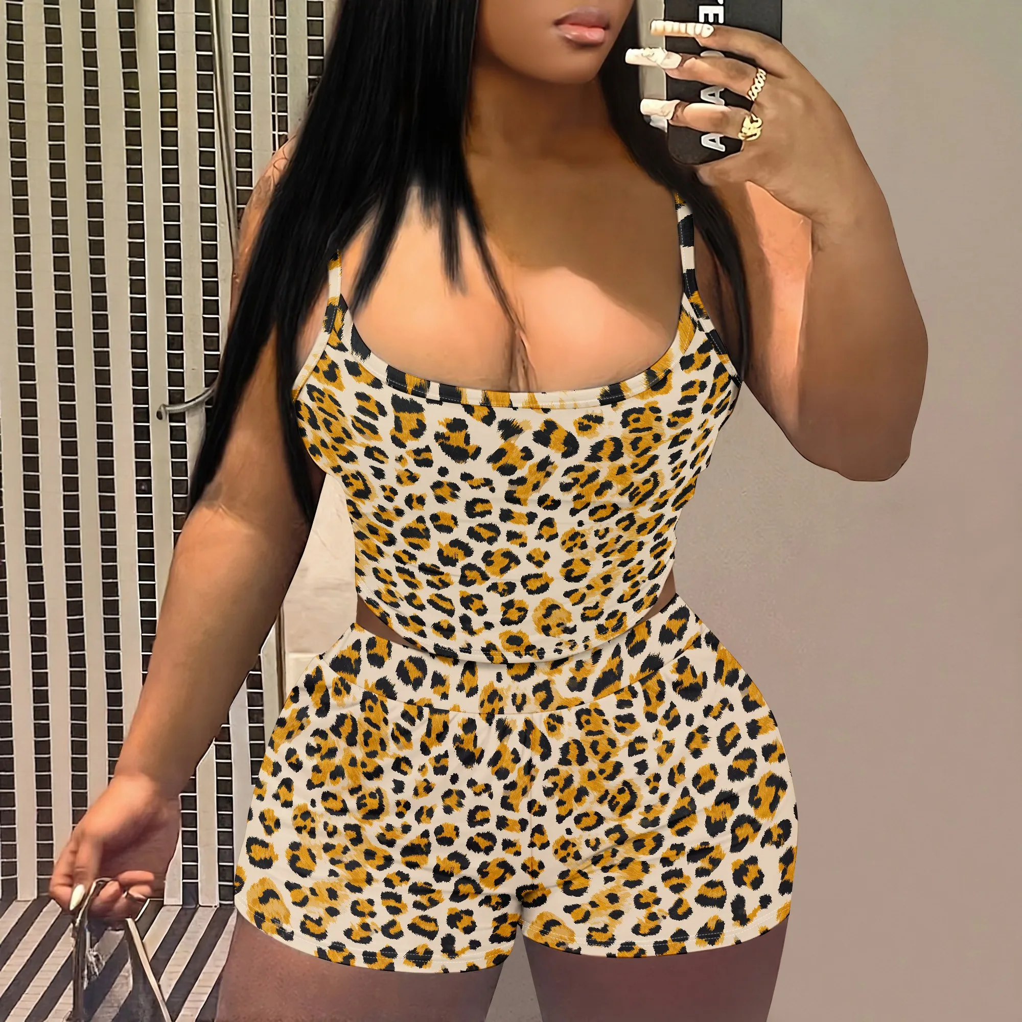 Leopard Print Cami Top, Animal Pattern Shorts Set, Sleeveless Tank Tops, Summer Beachwear For Women, S-2XL