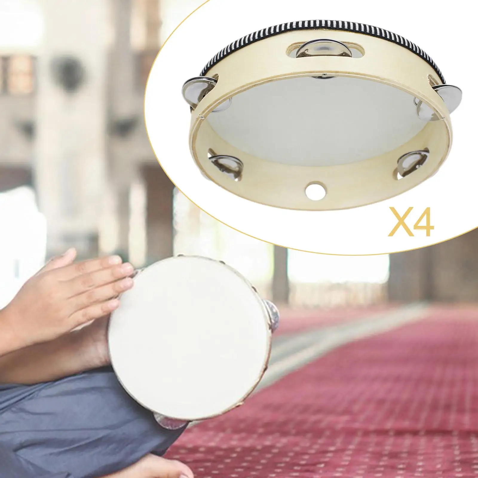 

4 Pieces 8 inch Wooden Tambourine Toy Kids Boys Girls Games Round Rhythm Party Metal Jingles KTV Gift Professional Handheld Drum