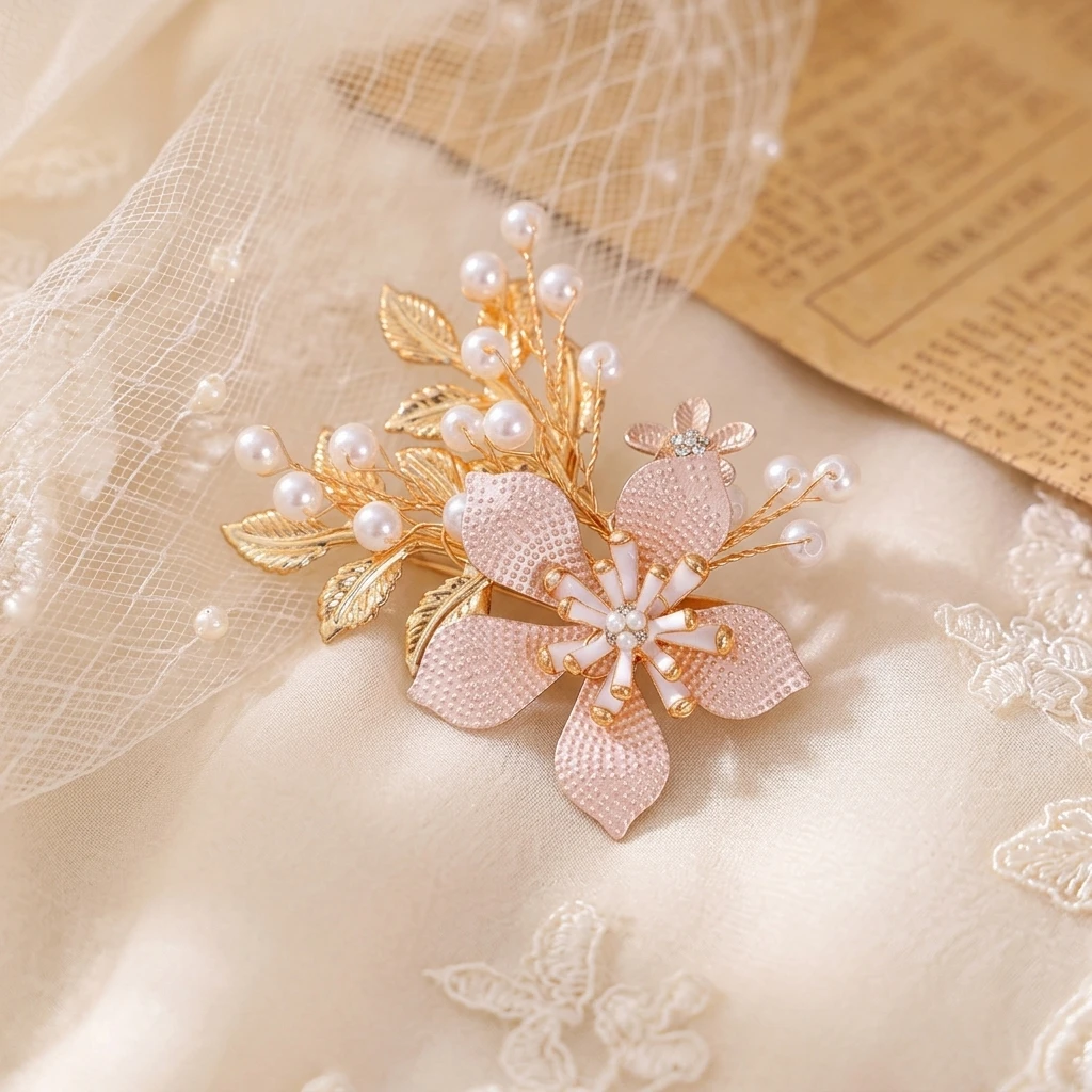 

Pink Flower Bridal Hair Clip with Pearl Golden Leaf Handmade Sweet Spring Barrette for Wedding Dress Prom Women Headdress