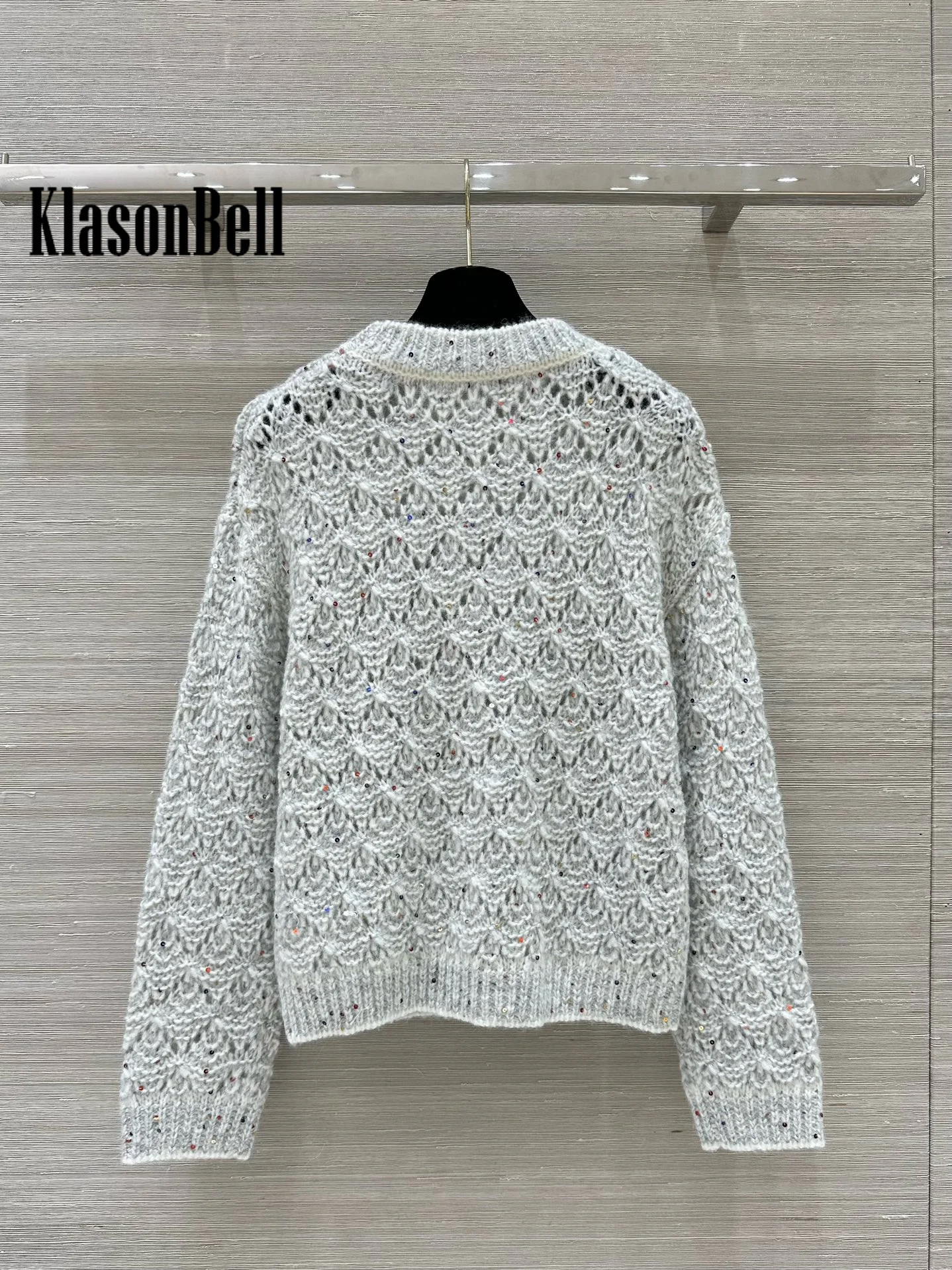 9.2 KlasonBell Women Fashion Bling Sequins Crochet Hollow Out Knitwear Argyle Plaid Jacquard Soft Wool Alpaca O-Neck Sweater