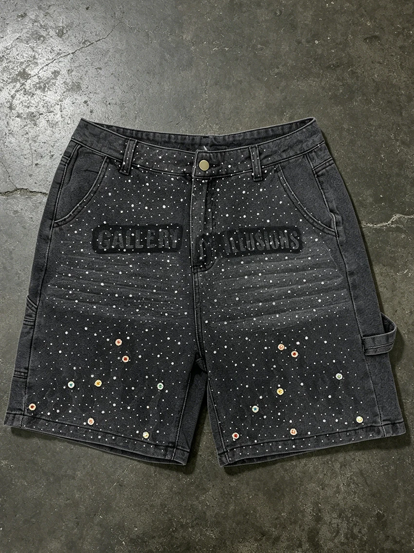 

Aesthetics Versatile Classics Trendy Five Cent Shorts Y2K High Street Fashion Hand drawn Printed Hot Diamond Loose Cowboy Shorts