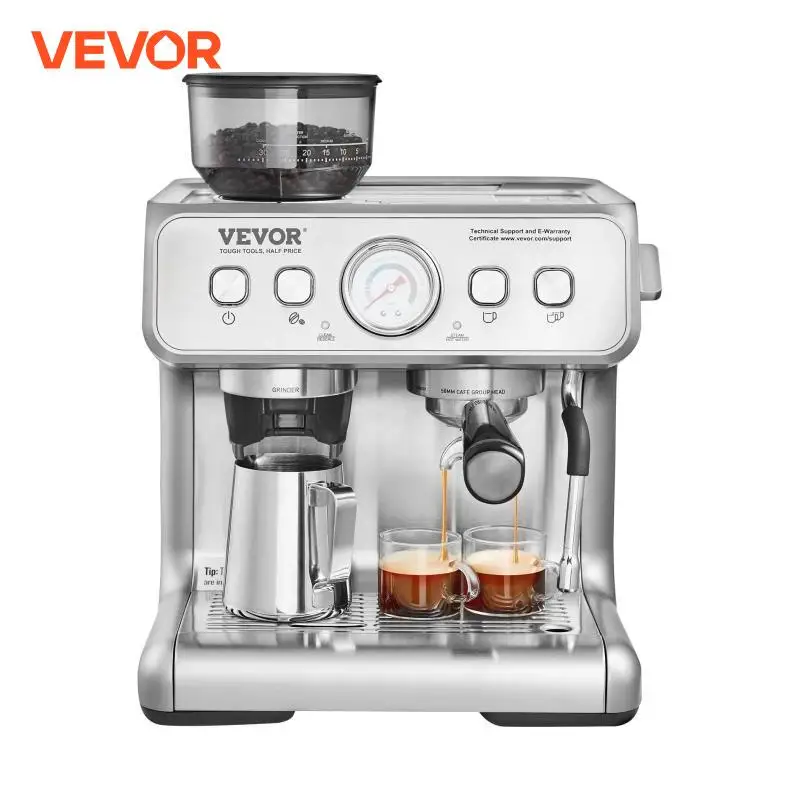 VEVOR Espresso Machine with Grinder 15 Bar Semi-Automatic Espresso Coffee Maker with Milk Frother Steam Wand