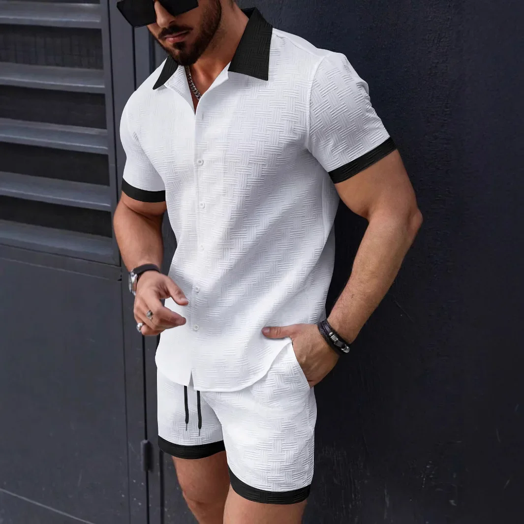 

2025 New Summer Europe and The United States Fashion High-quality Men's Shirt Casual Color Short-sleeved Shorts Beach Suit