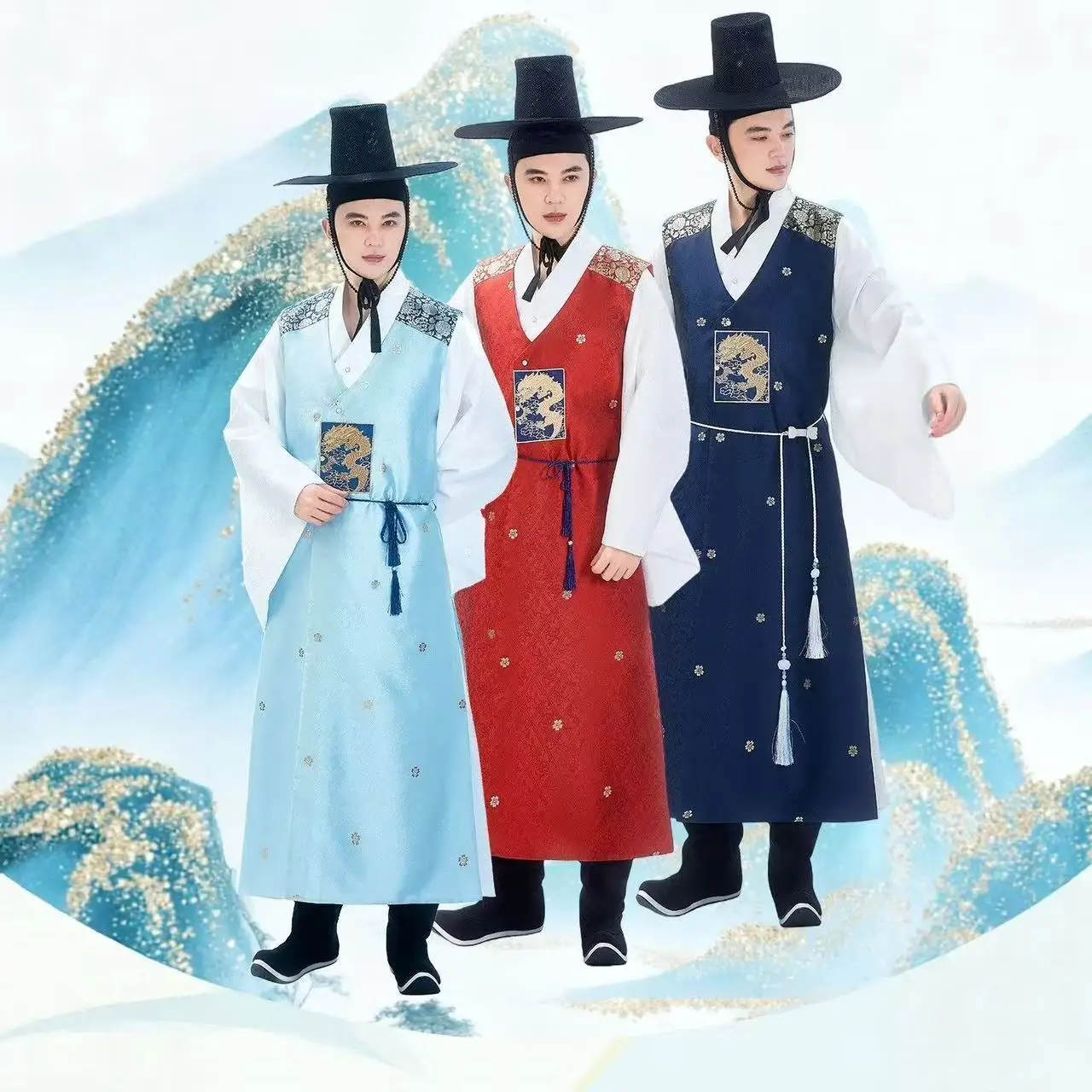 

Court Style Men's Hanbok Traditional Korean Clothing Vintage Gold Woven Dragon Pattern Long Robe Carnival Bride Cosplay Costume
