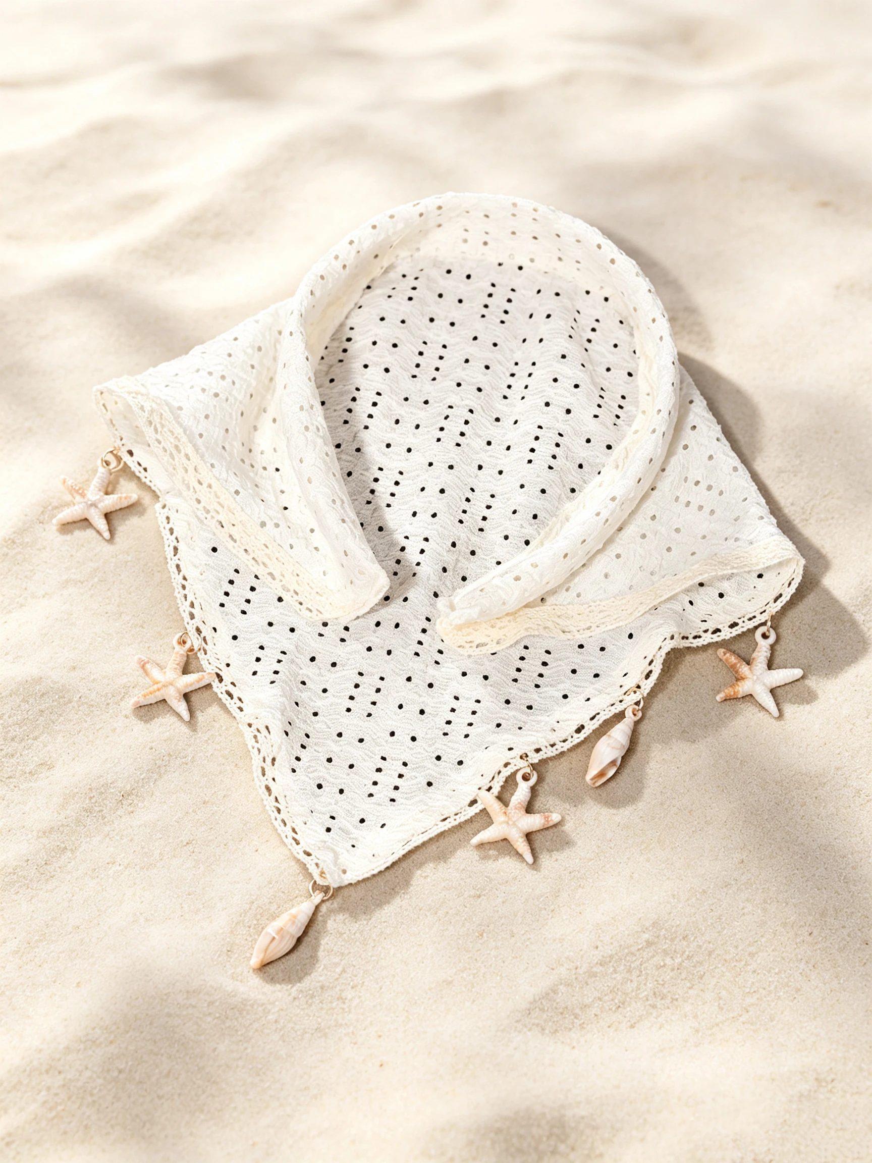Vacation-Style Hollow Lace Triangle Headscarf, Seaside Shell and Starfish Pendant Headscarf, Bohemian Pastoral Hair Accessory