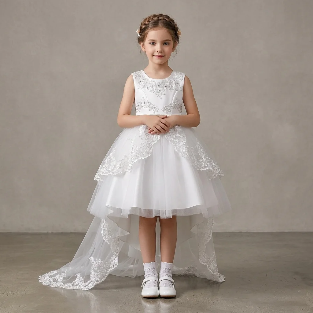 Girls Summer Princess Dress, Puffy Tulle Pageant Gown with Train, Elegant Sleeveless Birthday Dress, Perfect for Children’s Day