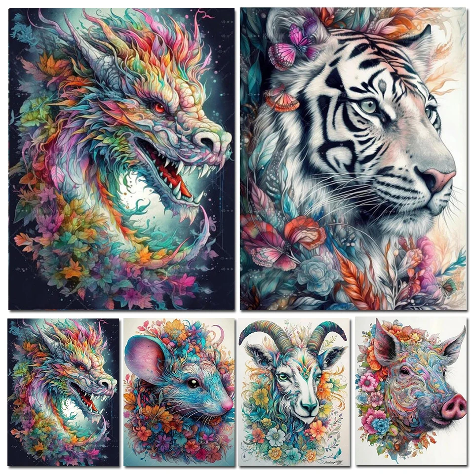 5d Diy Diamond Painting Full Square/Round Embroidery The 12 Chinese Zodiacs Flowers Animal Mosaic New Collection 2023 Hobby Y872