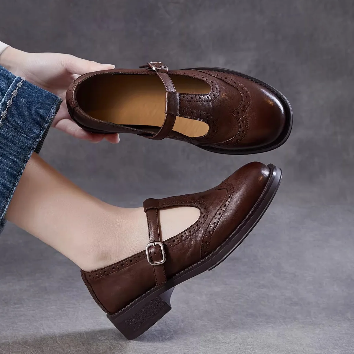 

Genuine Leather Mary Jane Shoes British Retro Artistic First Layer Cowhide Block Style Fashionable Flat Heel Spring Summer Wo...