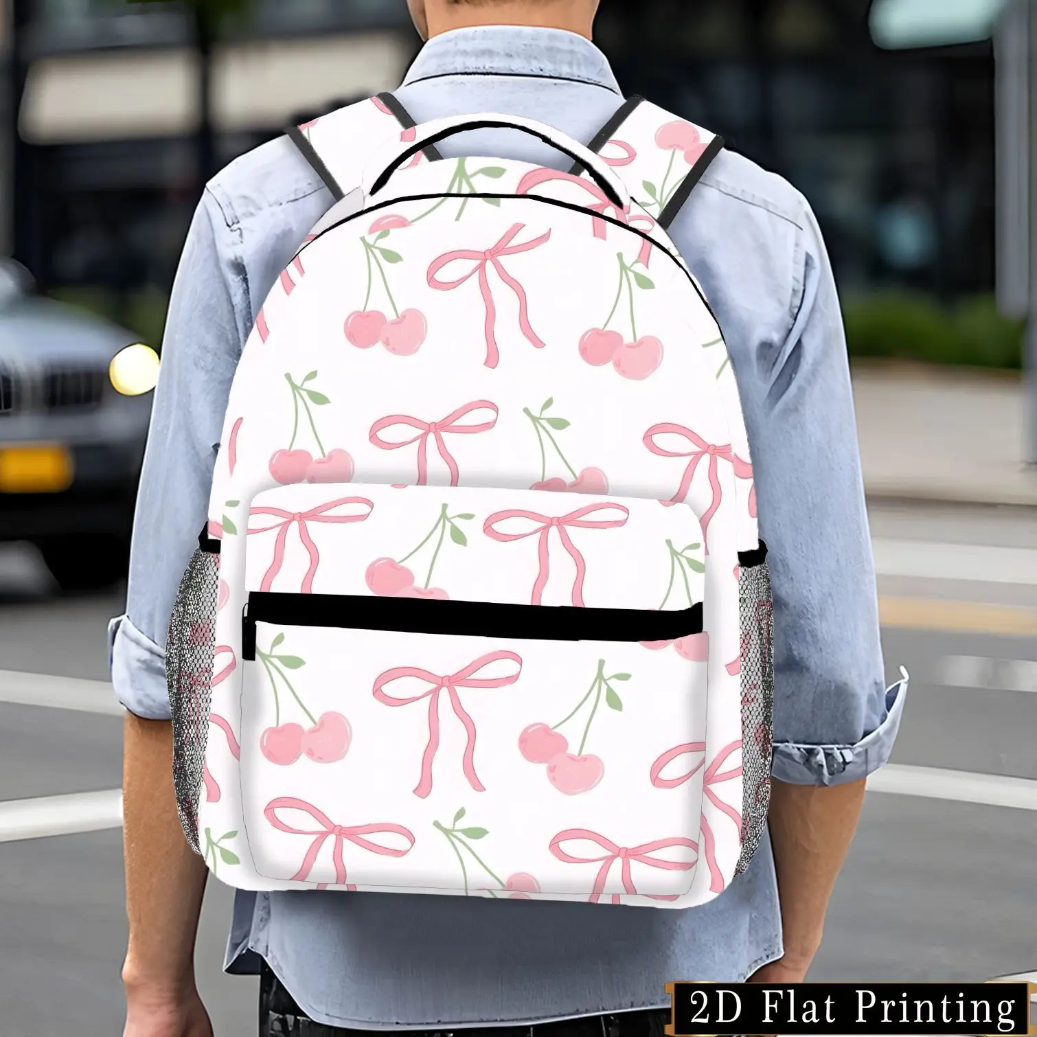 Women's Cherry Bow Backpack Cute 2D Flat Print Design Durable Polyester with Zipper Closure Mixed Colors for Commuting