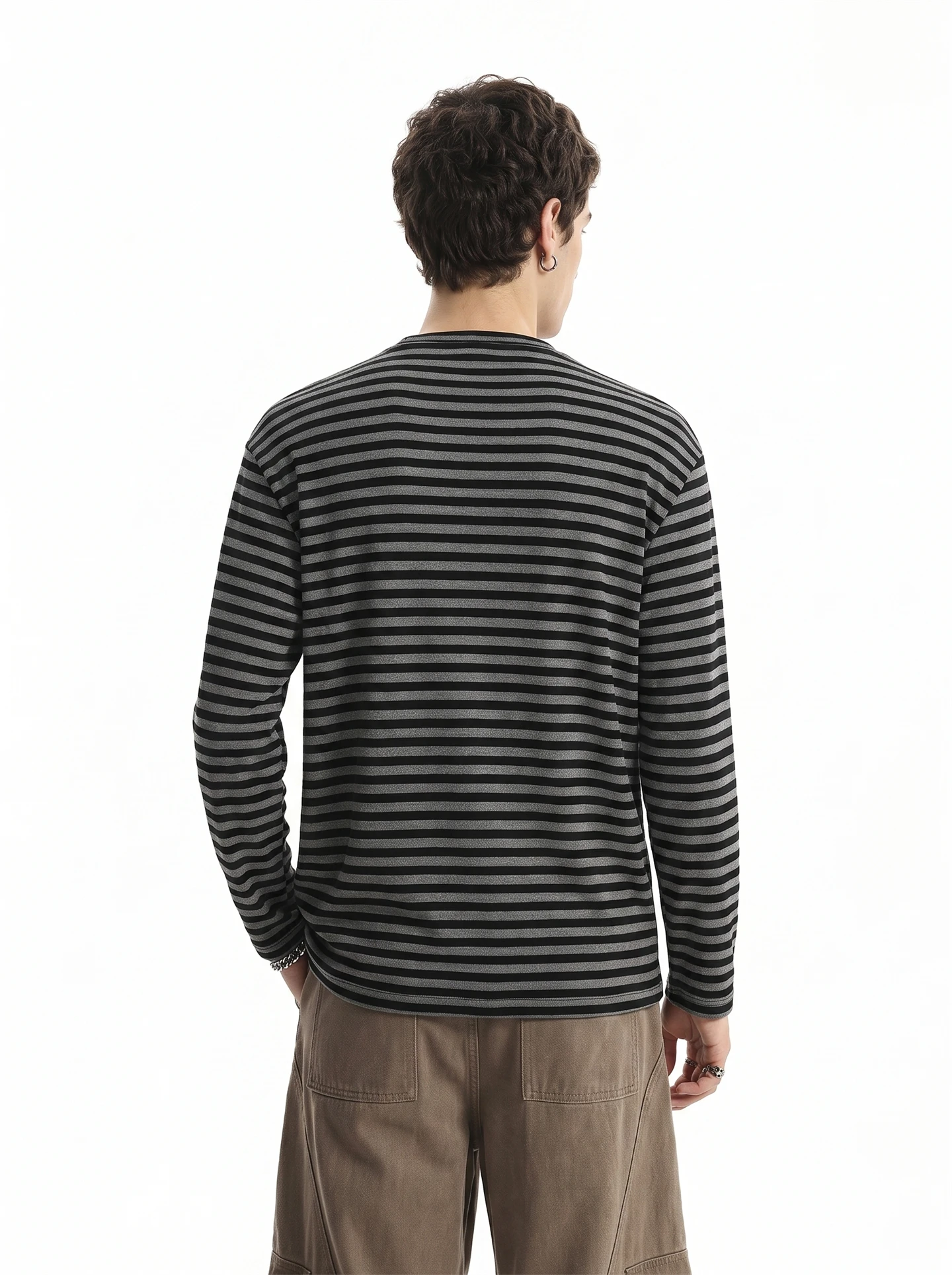 American High Street Style Long Sleeve T-Shirt Men's Vintage Light Cotton Striped Print Casual Comfortable Loose Fit Top