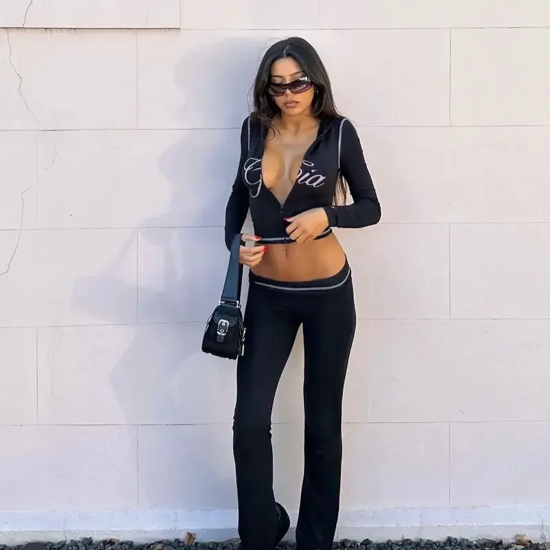 Nuevo 2025 iamgia hombro monograma estampado hilo brillante diseño delgado con capucha cremallera Chaqueta corta traje de pantalón eqs9X