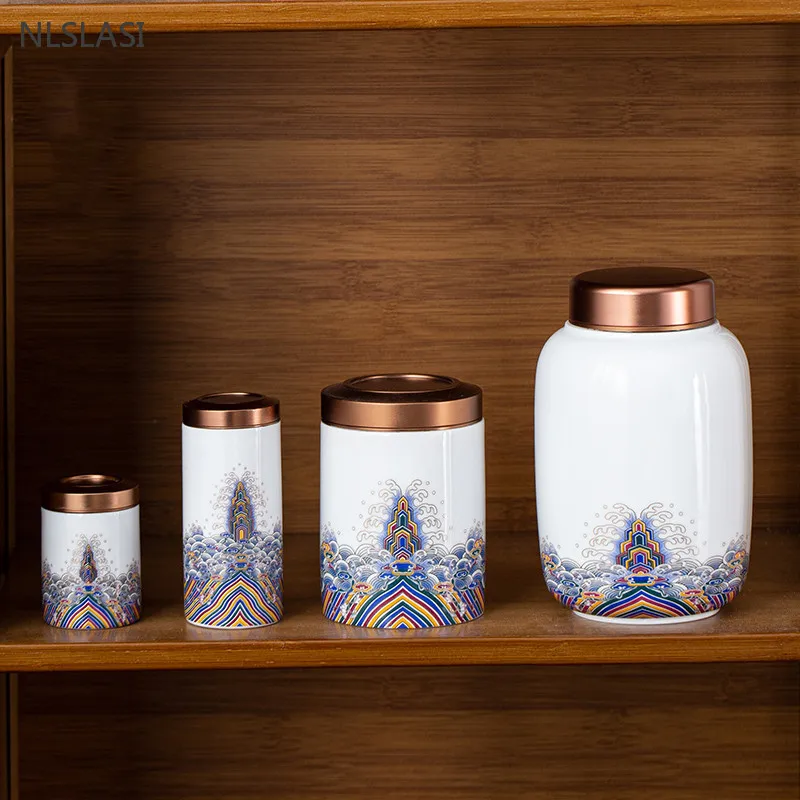 

High Quality Enamel Ceramic Tea Caddy Tin Lid Tea Box Portable Sealed Coffee Container Home Moisture-proof Tea Organizer Jar