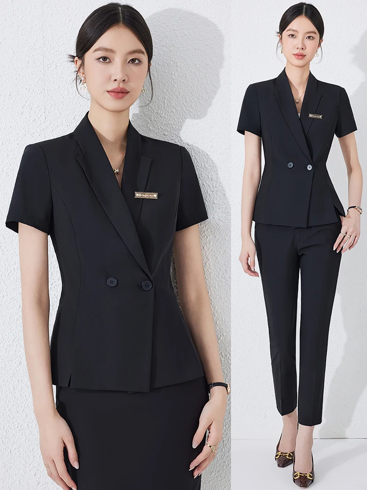 

Черный профессиональный костюм для женщин: летний элегантный комплект для ювелирных магазинов и салонов красоты, рабочая одежда, жакет с коротким рукавом