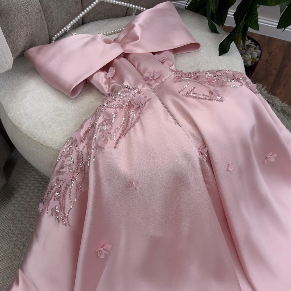 Customized Pink Satin Appliques Lace Beading Sequined Evening Dress A-Line Off the Shoulder with Sleeveless Homecomin