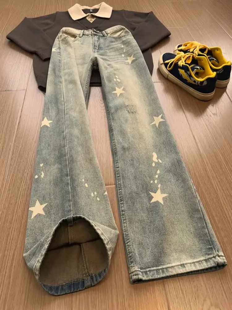 

Claw Star Print Straight Leg Jeans Men's Trendy American Cleanfit Pants Micro Flared Jeans Yellow Mud Color Youth Faion