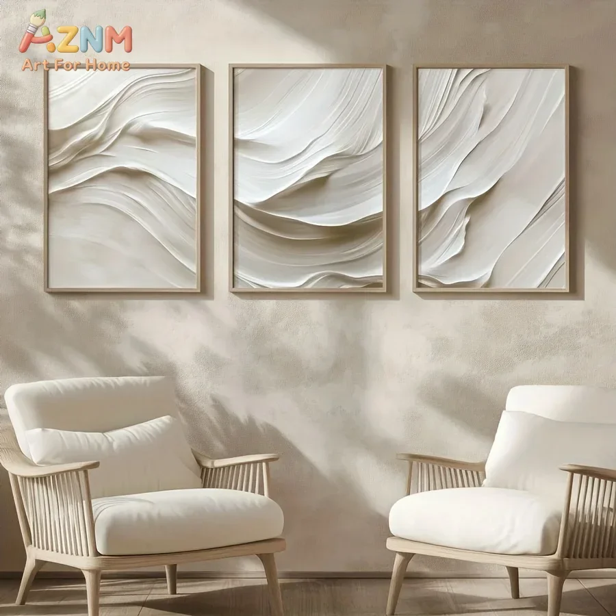 3pcsAZNM Minimal 3D Texture White Wavy Abstract Canvas Wall Art Neutral Beige Relief Flow Line Painting Giclee Print Unframed Co