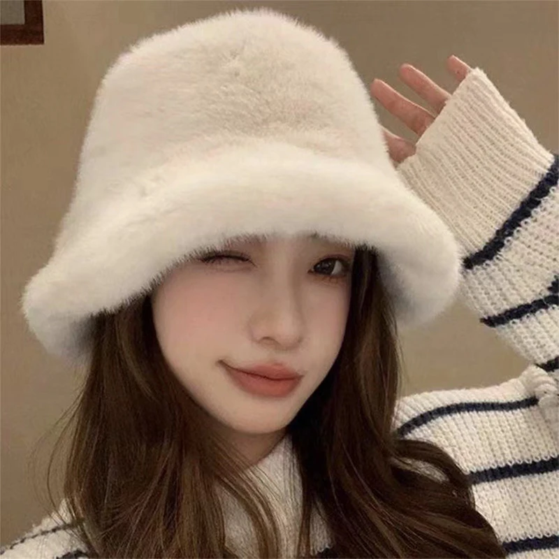 Winter Windproof Warm Women's Fashion Solid Color Plush Hat Bucket Cap Fluffy Fisherman's Hat Ear Protection Cap Panama Caps image 3