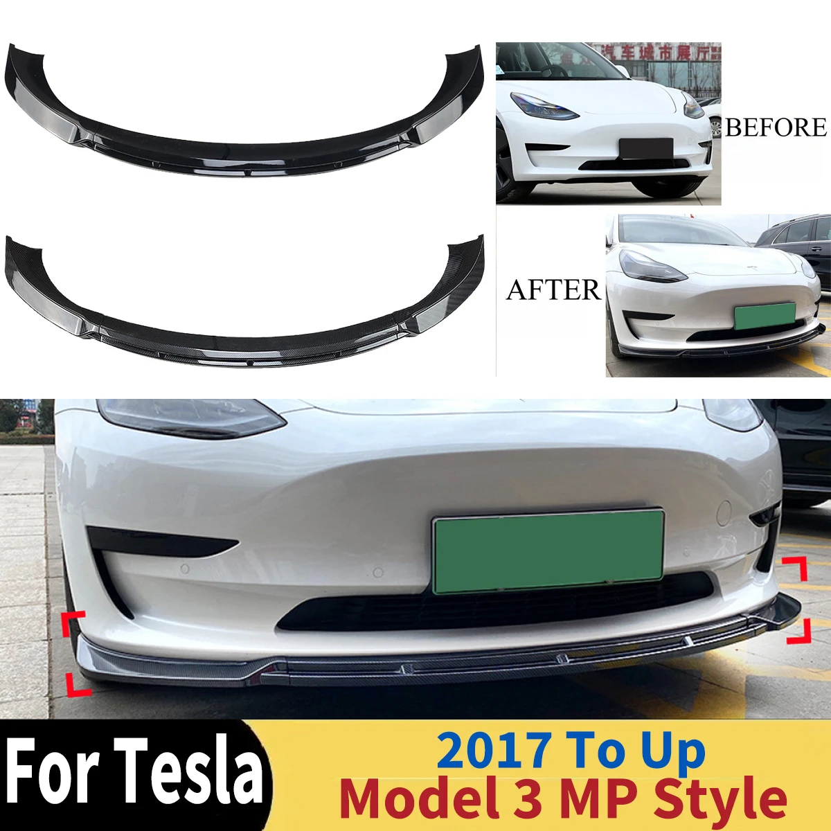 

Car Front Bumper Lip Splitter Spoiler Diffuser For Tesla Model 3 MP Style 2017 To Up Auto Accessories Modification Exterior Trim