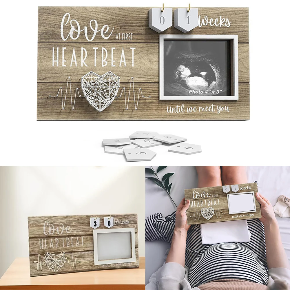 

Baby Sonogram Frame with Weeks Countdown and Heart Decoration for Pregnancy Announcement and Baby Shower Keepsake
