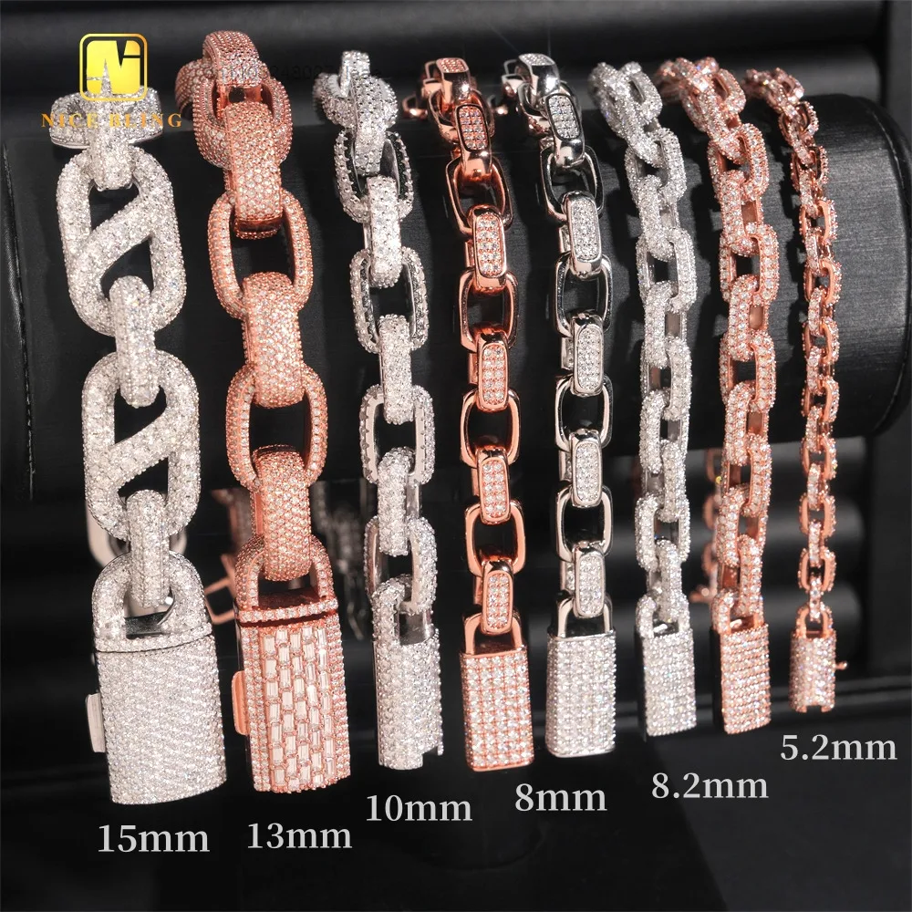 Multi Iced Style out Hip Hop Jewlery 5.2mm-15mm Cuban Link Chain 925 Silver Moissanite Diamond Cuban Chain Square chain..