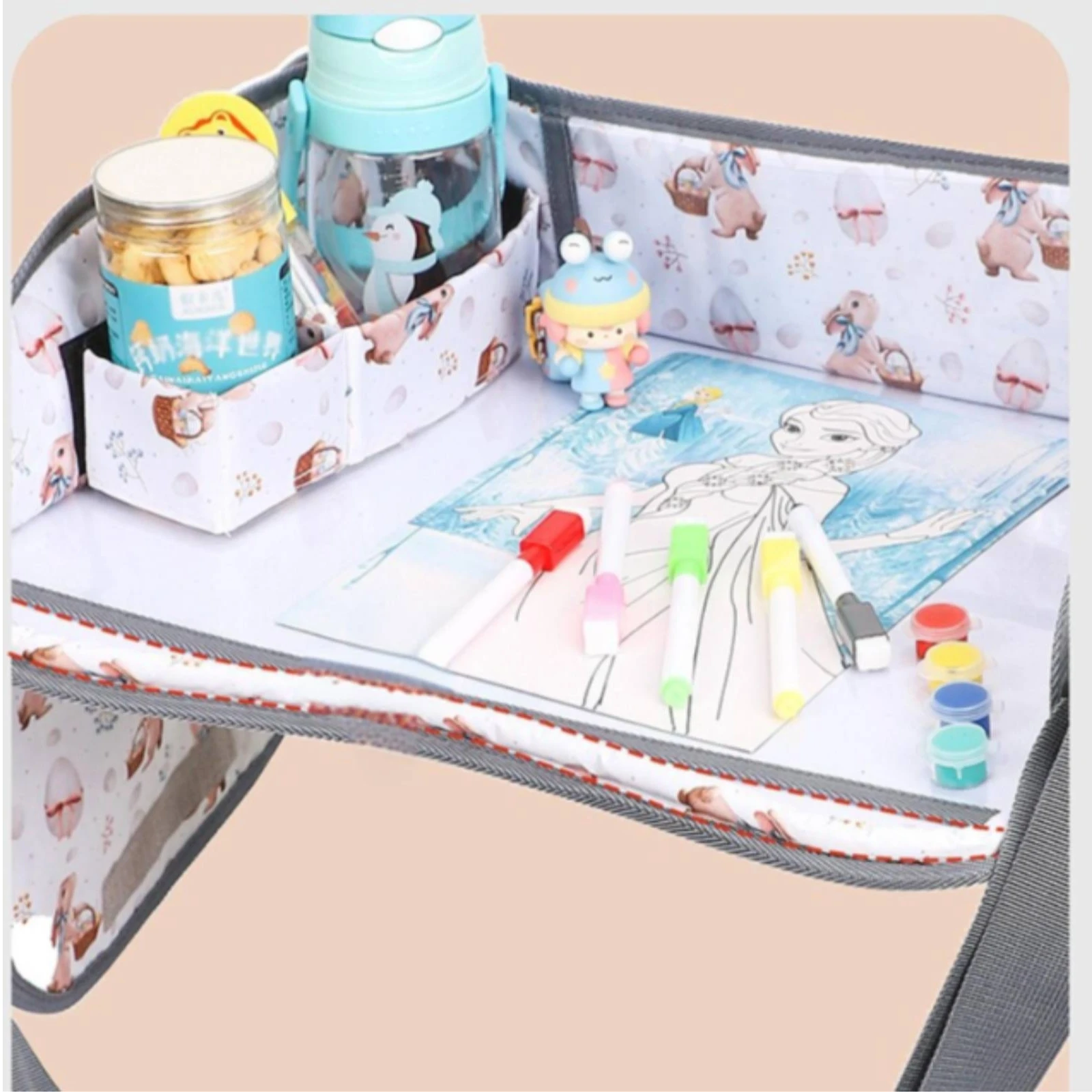Car Seat Activity Tray Rabbit-Themed Kids Travel Tray Travel Drawing Board Raised Side Walls Toddler Lap Desk Dry-Erase Surface