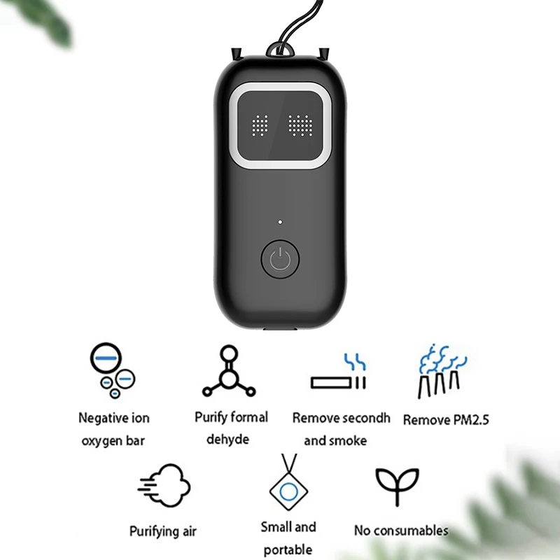 미니 휴대용 자동차 가정용 음이온 공기 청정기, 16000W, 2 단 속도 조절 가능, 500MAH 무소음 행잉 넥 청정기