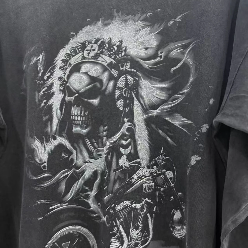 Y2k Streetwear Skull Raider Graphic T Shirts Hiphop Street Style Cotton Distressed Ripped Retro Casual Clothing Full Sleeve Tees